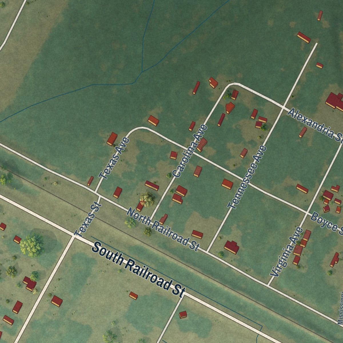 Close-up of the map of Powhatan, Louisiana print showing street and building detail