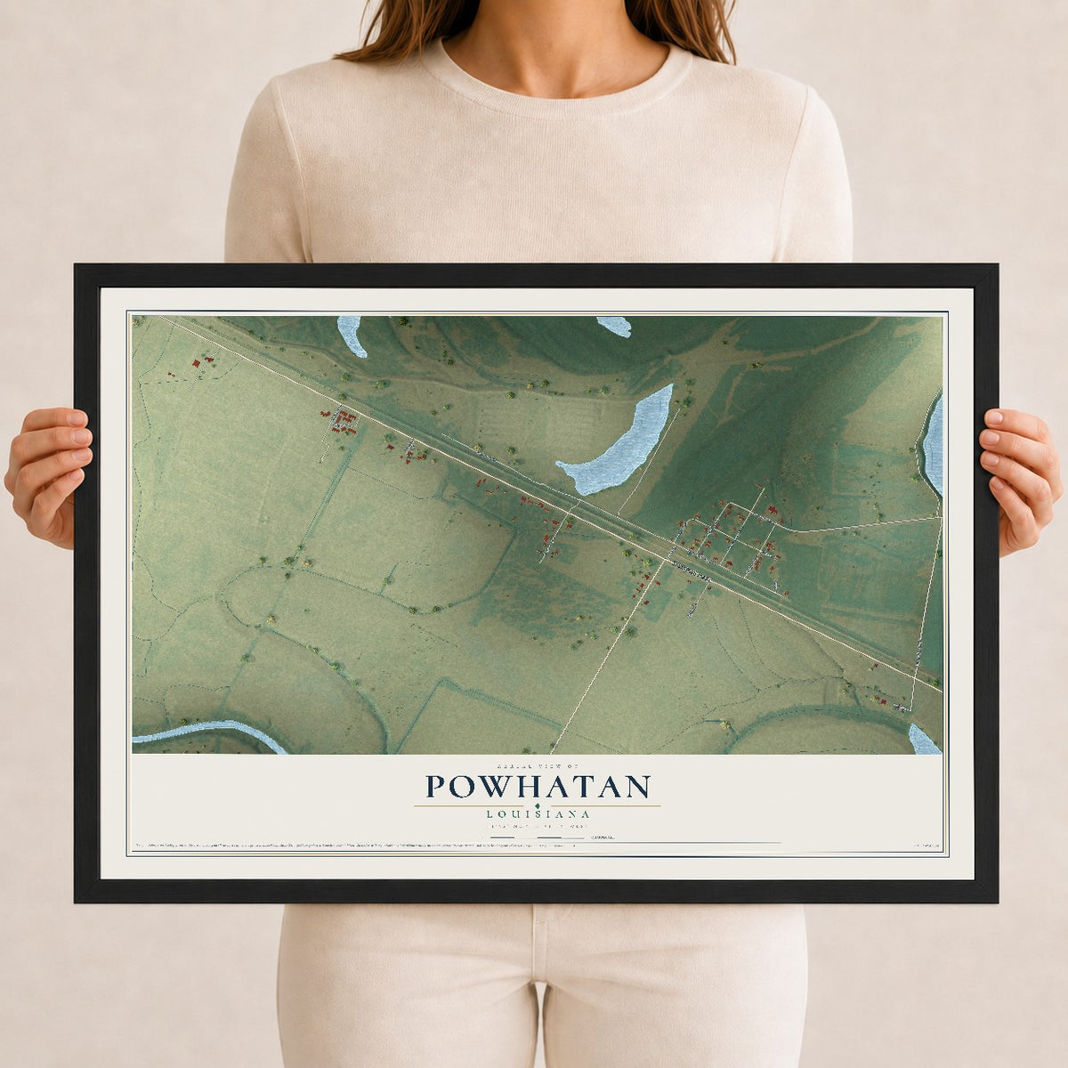 Map of Powhatan, Louisiana, 12 x 18 inch print in a black wood frame