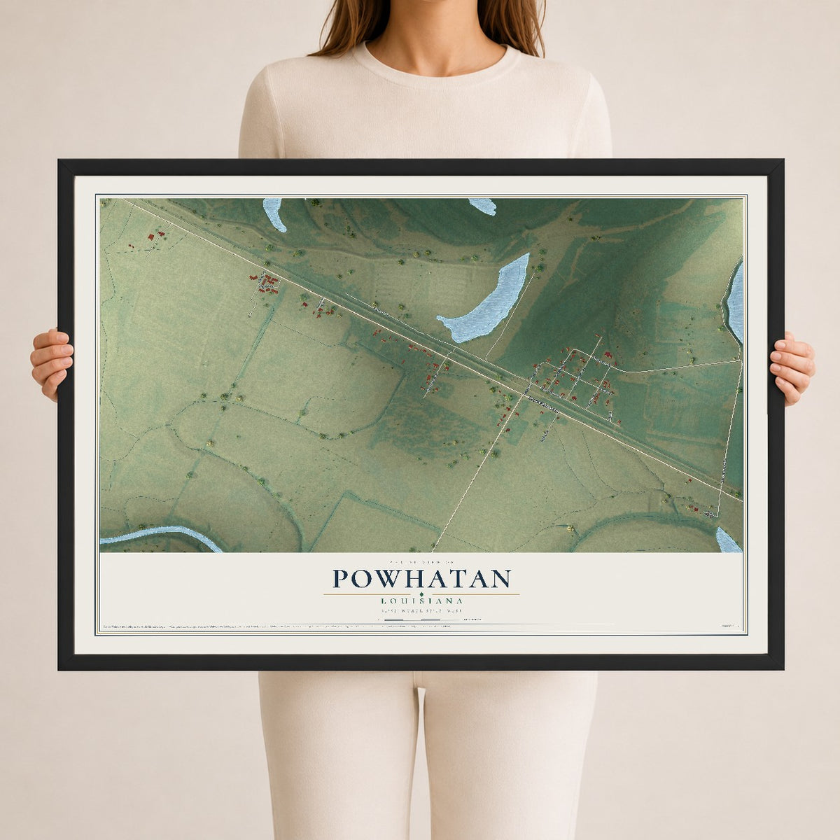Map of Powhatan, Louisiana, 24 x 36 inch print in a black wood frame