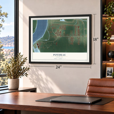 Poydras, Louisiana map, 18 x 24 inch print in a black frame in a home office