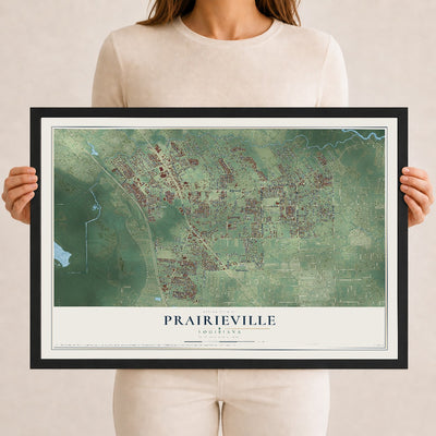 Map of Prairieville, Louisiana, 12 x 18 inch print in a black wood frame