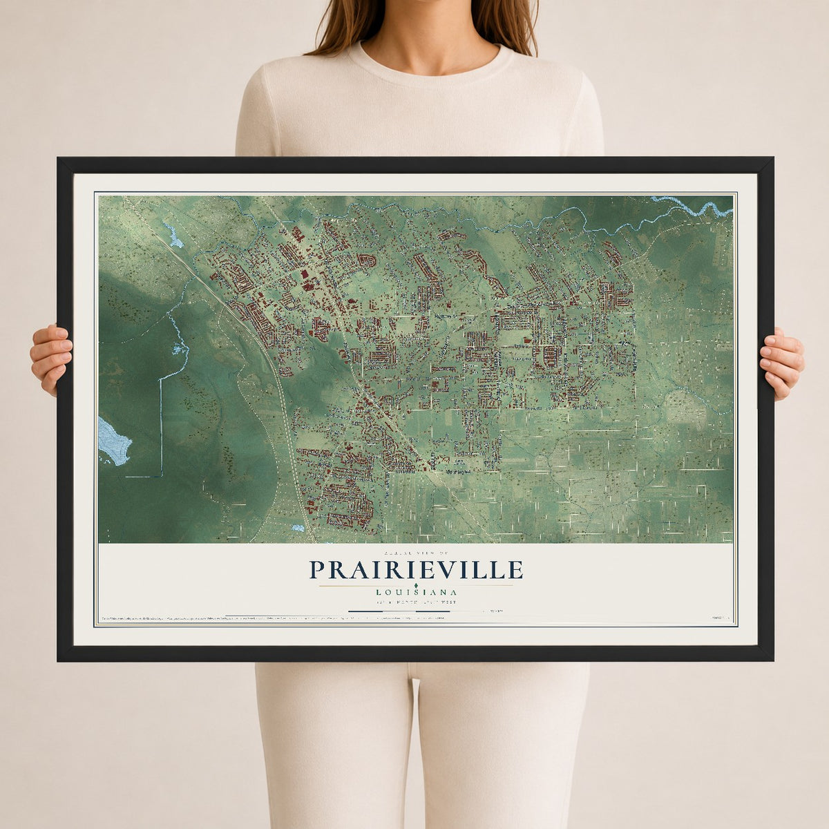 Map of Prairieville, Louisiana, 24 x 36 inch print in a black wood frame