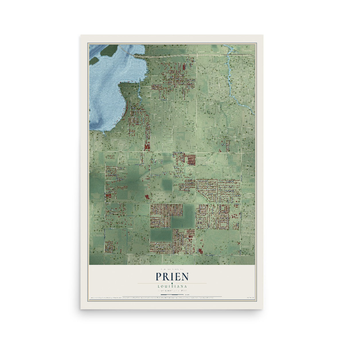 Map of Prien, Louisiana, 12 x 18 inch unframed archival matte print