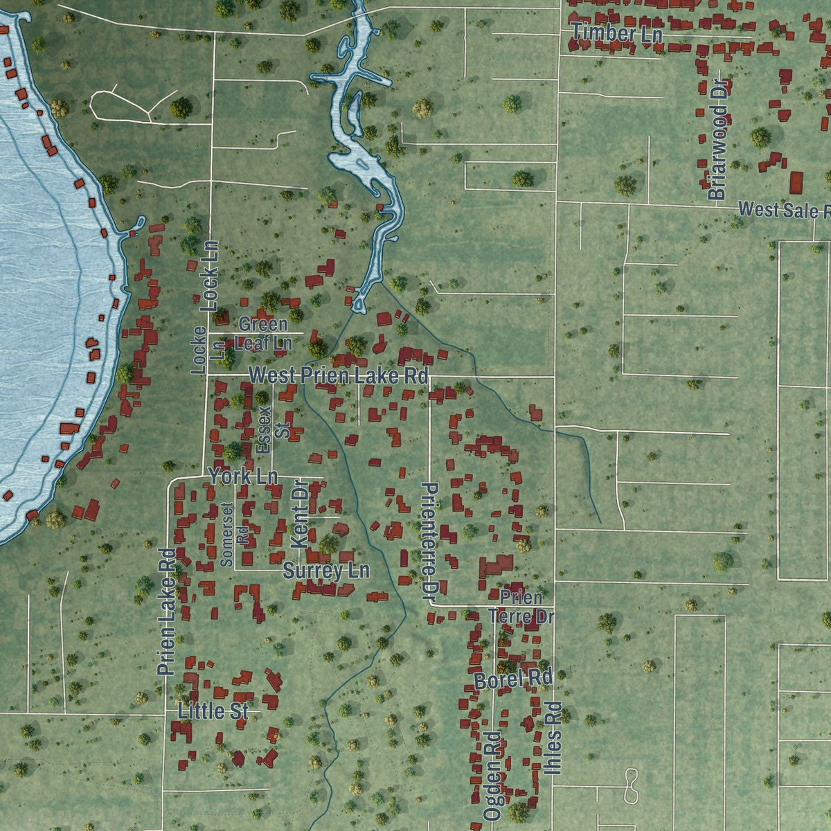 Second close-up of the map of Prien, Louisiana print showing more streets and buildings