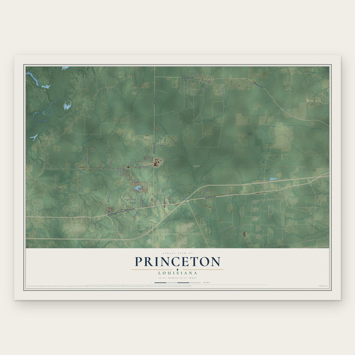 Princeton, Louisiana map print, the full design