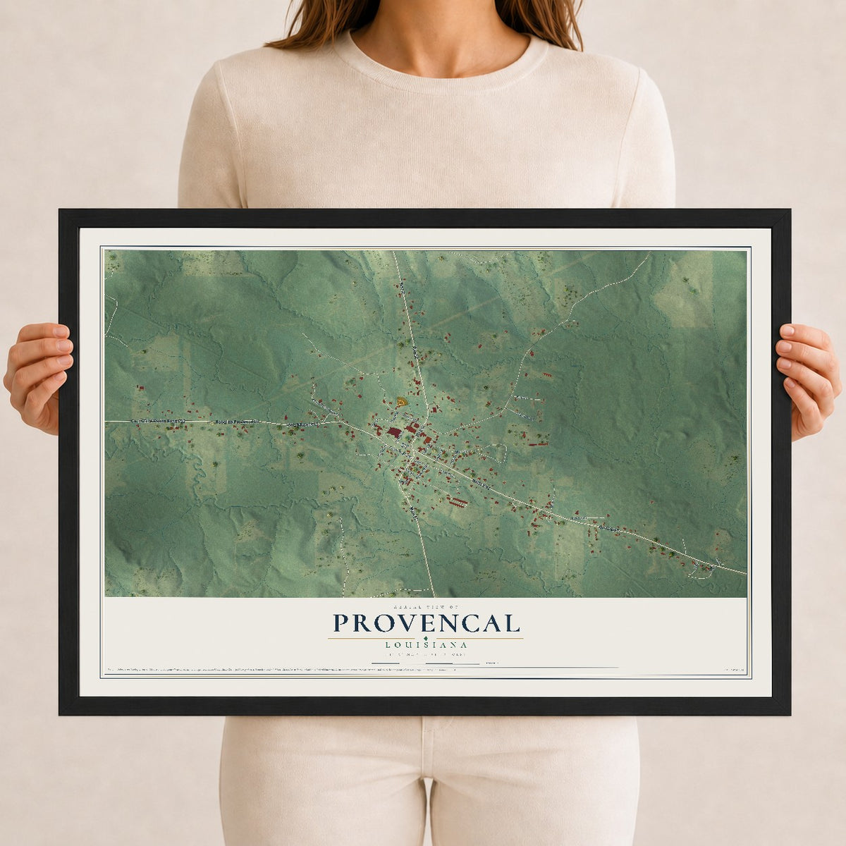 Map of Provencal, Louisiana, 12 x 18 inch print in a black wood frame