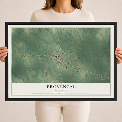 Map of Provencal, Louisiana, 18 x 24 inch print in a black wood frame