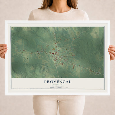 Map of Provencal, Louisiana, 18 x 24 inch print in a white wood frame