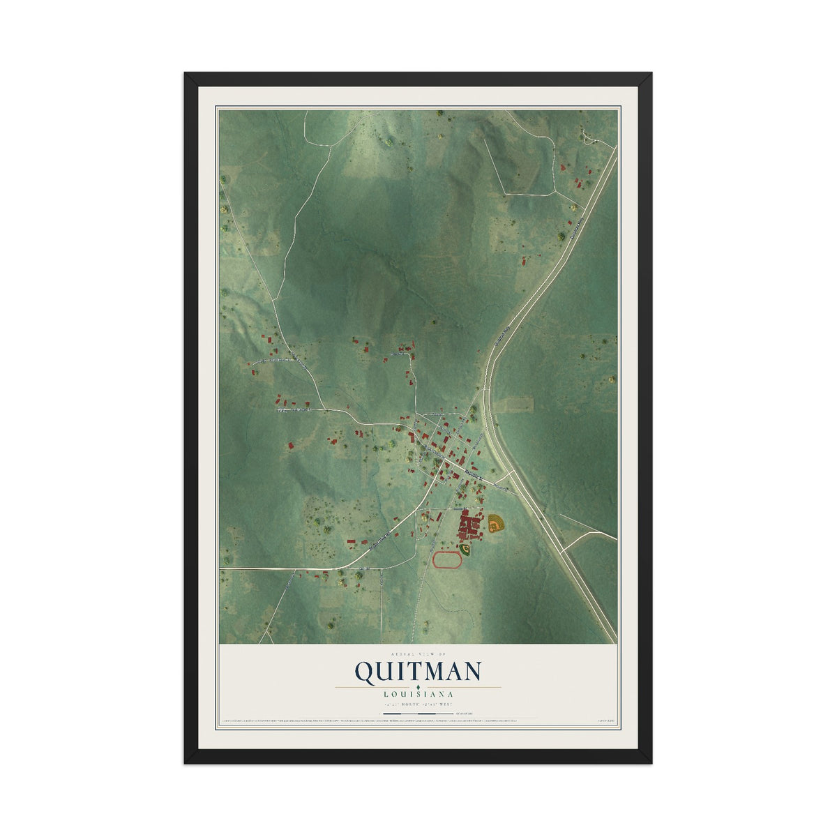 Map of Quitman, Louisiana, 12 x 18 inch print in a black wood frame