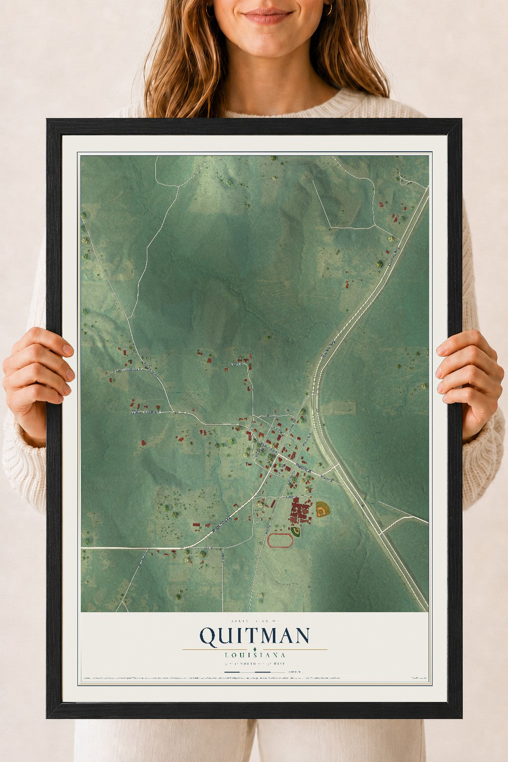 Map of Quitman, Louisiana, 18 x 24 inch print in a black wood frame