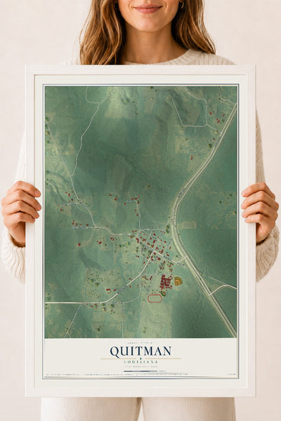 Map of Quitman, Louisiana, 18 x 24 inch print in a white wood frame