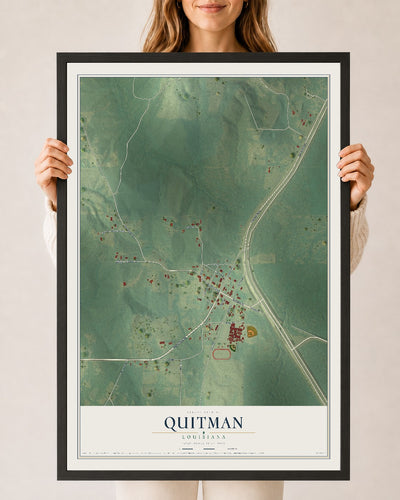 Map of Quitman, Louisiana, 24 x 36 inch print in a black wood frame