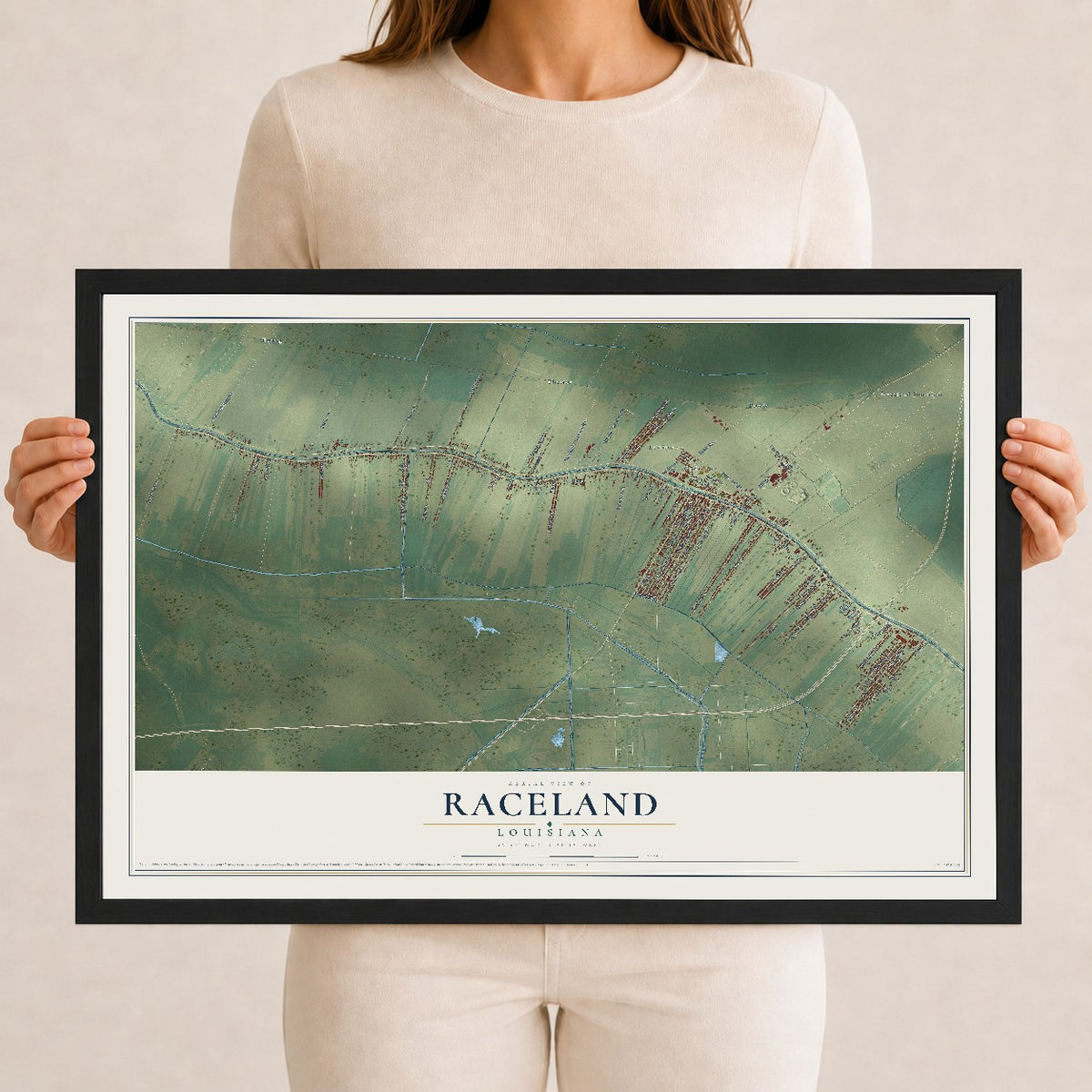 Map of Raceland, Louisiana, 12 x 18 inch print in a black wood frame