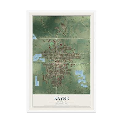 Map of Rayne, Louisiana, 12 x 18 inch print in a white wood frame