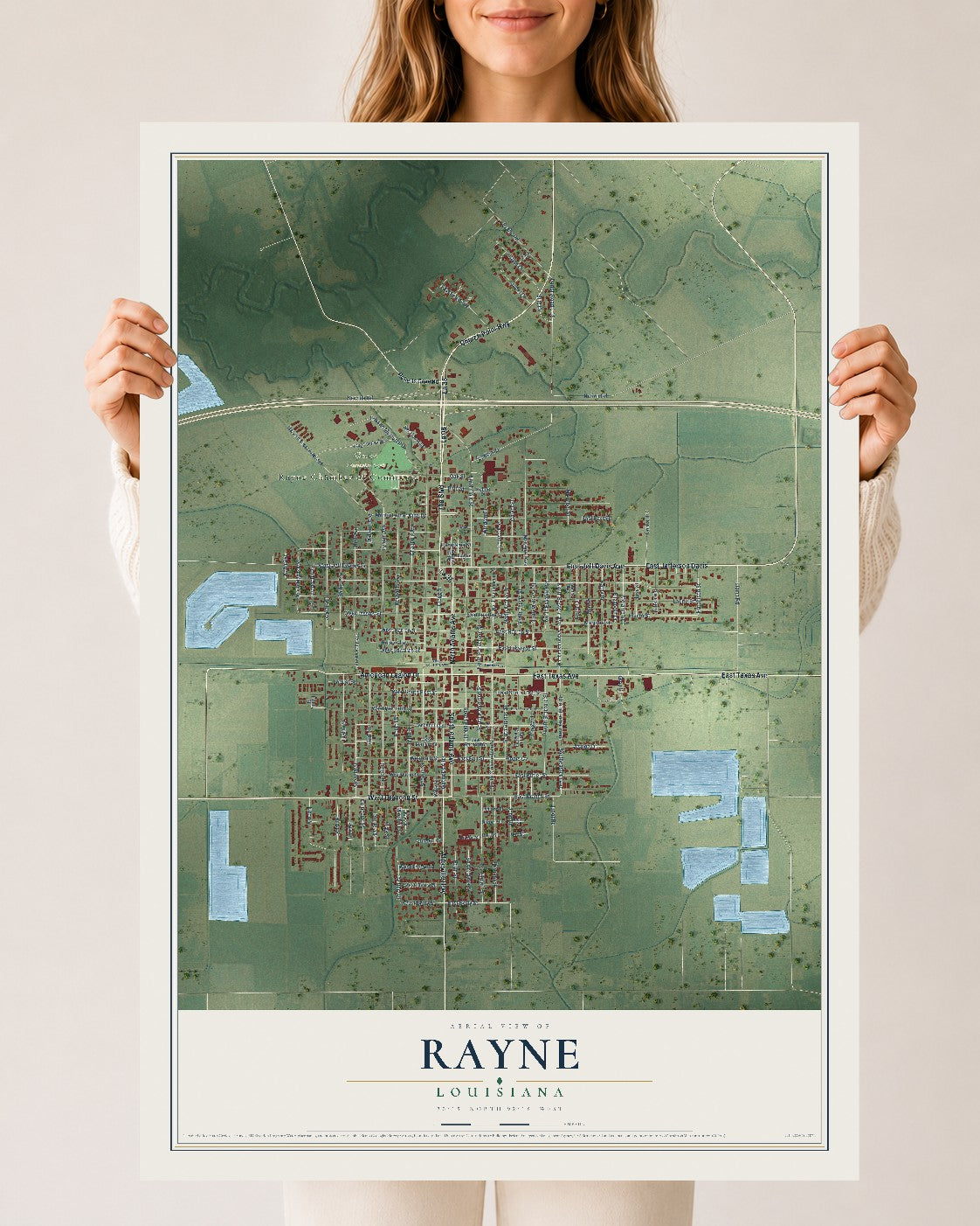 Map of Rayne, Louisiana, 24 x 36 inch unframed archival matte print