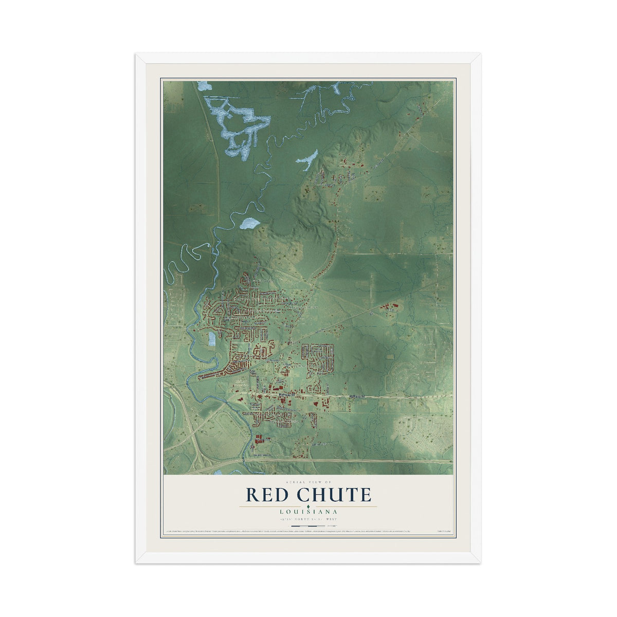 Map of Red Chute, Louisiana, 12 x 18 inch print in a white wood frame