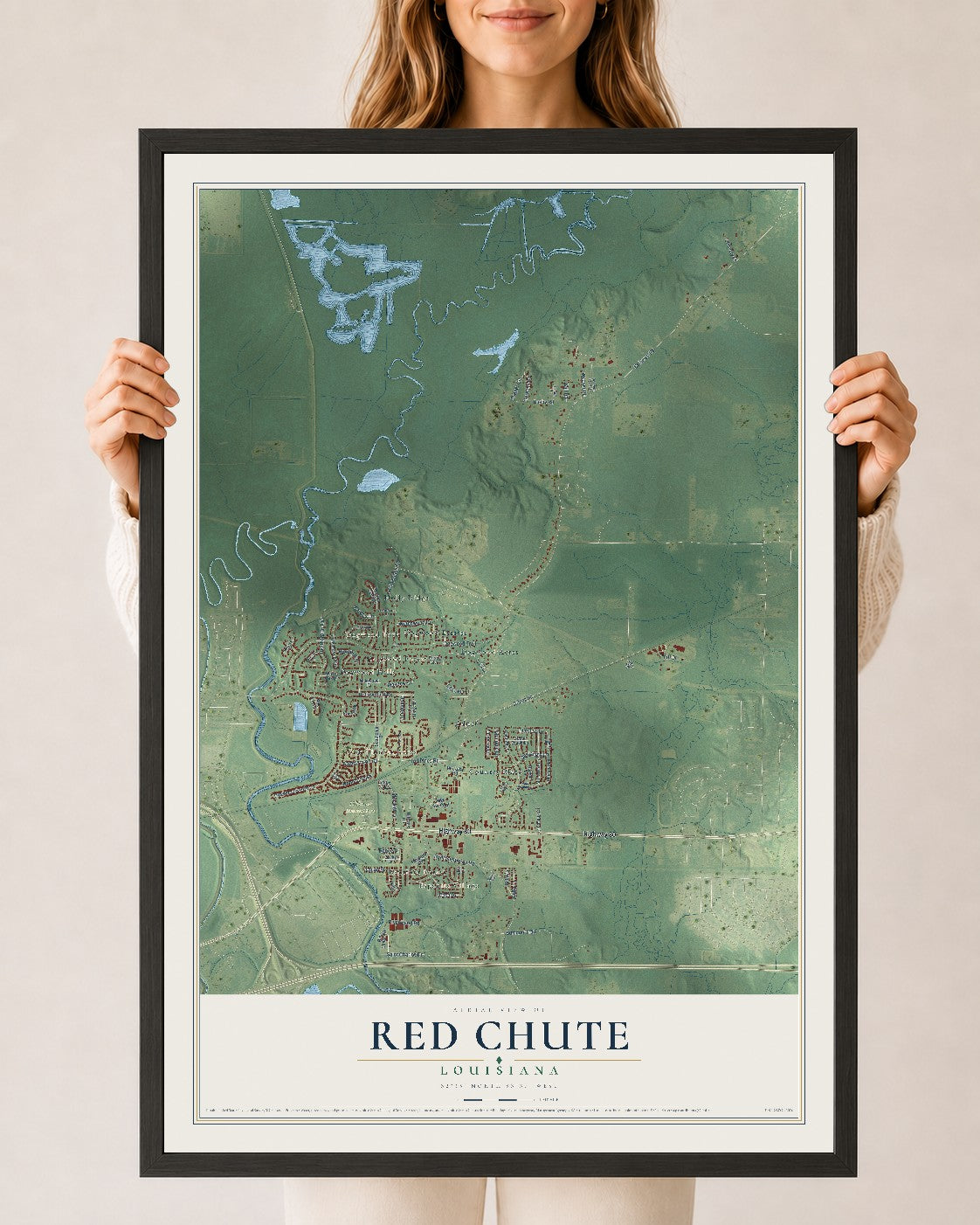 Map of Red Chute, Louisiana, 24 x 36 inch print in a black wood frame