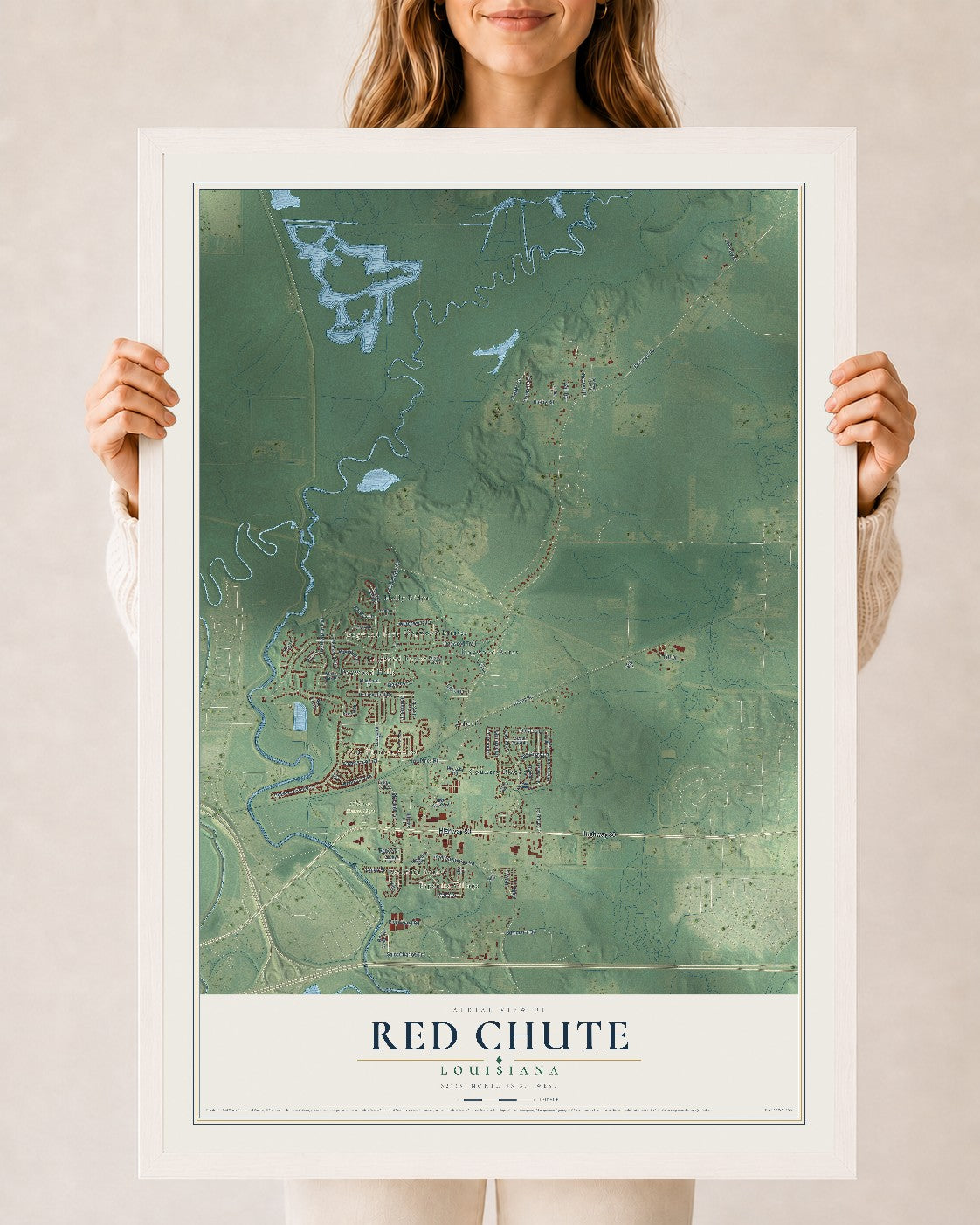 Map of Red Chute, Louisiana, 24 x 36 inch print in a white wood frame