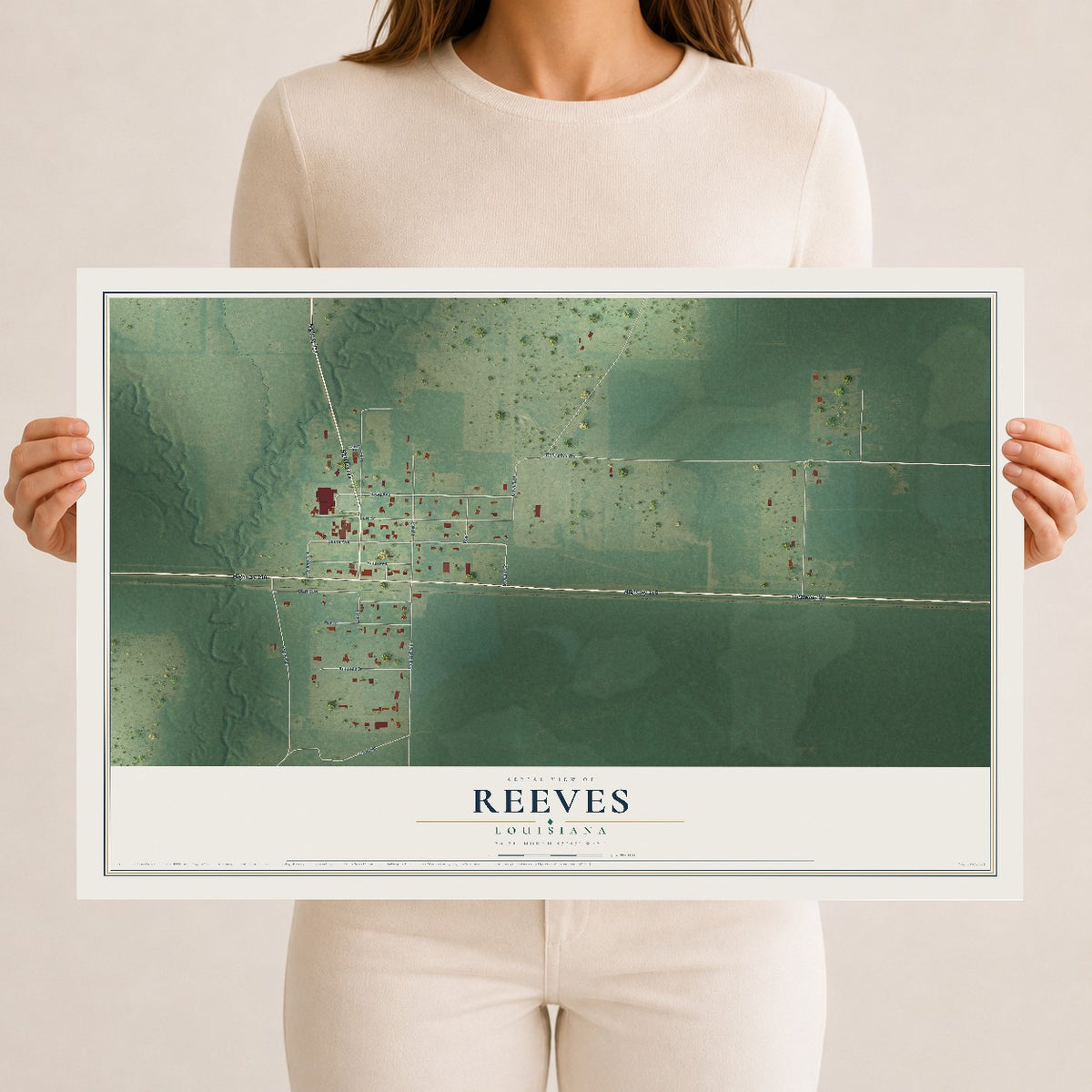 Map of Reeves, Louisiana, 12 x 18 inch unframed archival matte print