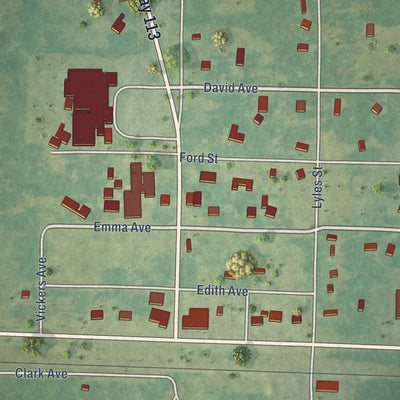 Close-up of the map of Reeves, Louisiana print showing street and building detail
