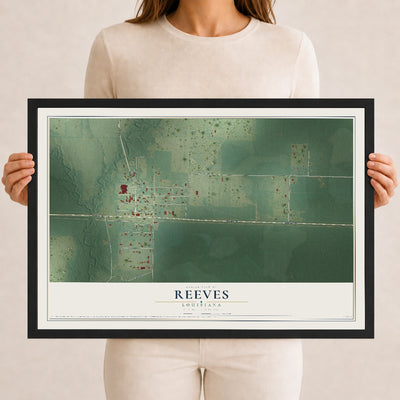 Map of Reeves, Louisiana, 12 x 18 inch print in a black wood frame