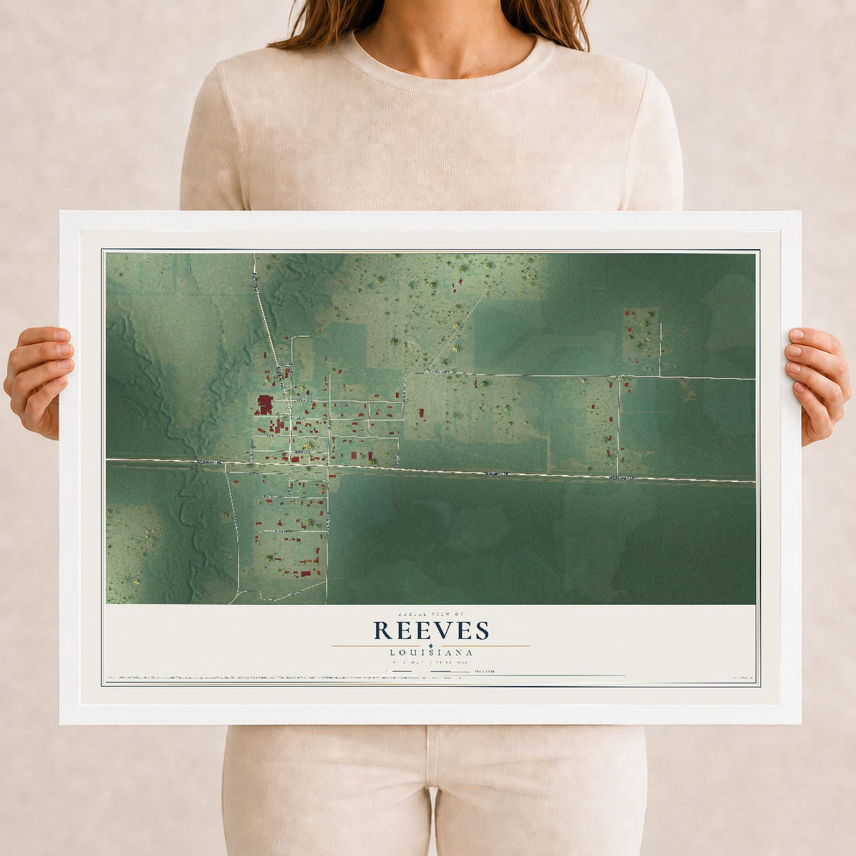 Map of Reeves, Louisiana, 12 x 18 inch print in a white wood frame