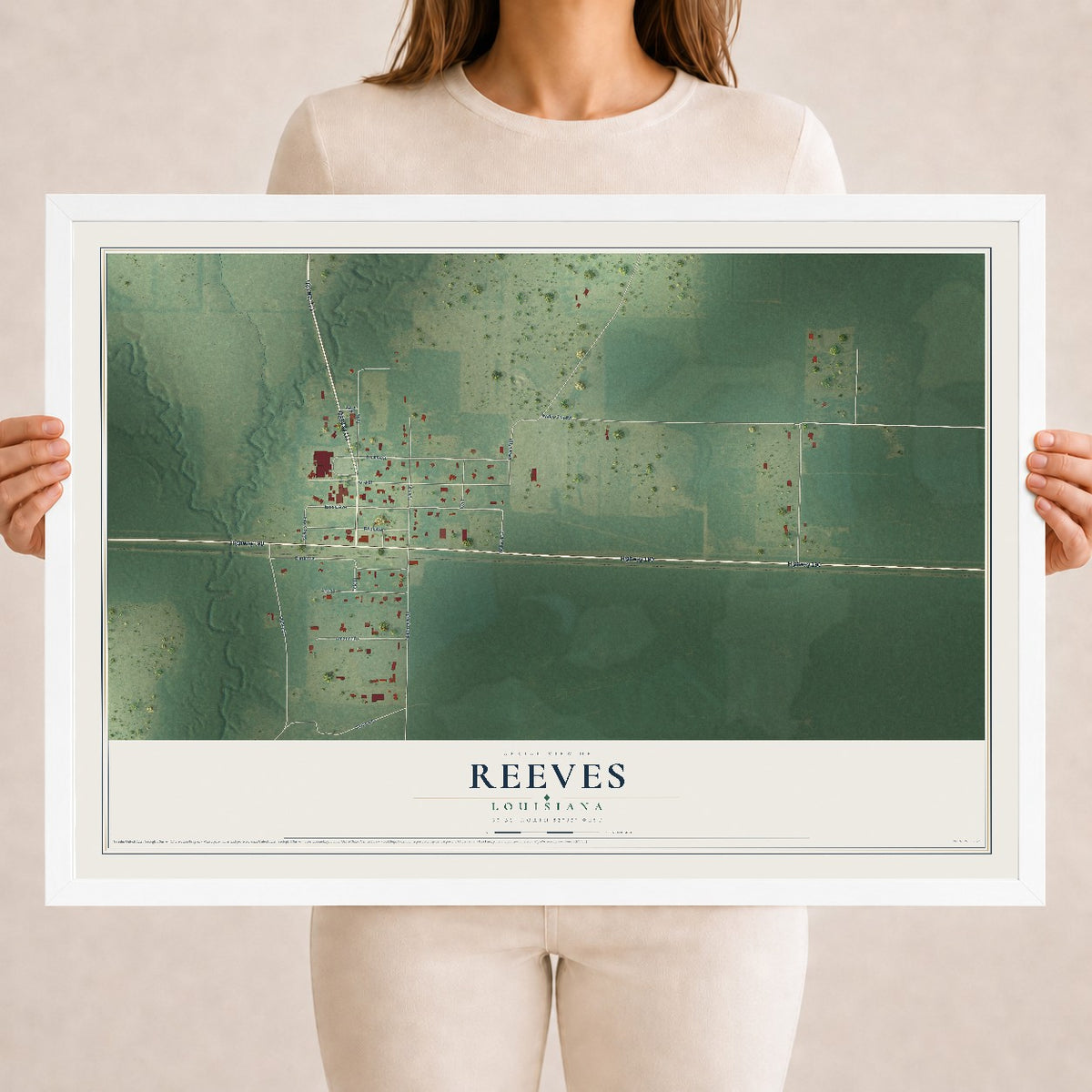 Map of Reeves, Louisiana, 18 x 24 inch print in a white wood frame