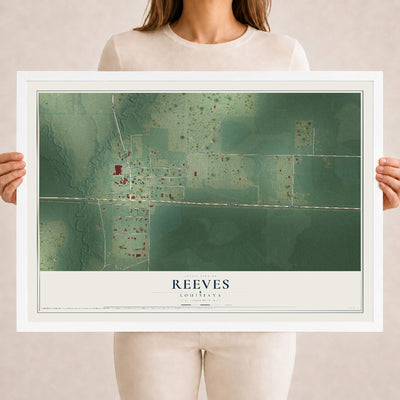 Map of Reeves, Louisiana, 18 x 24 inch print in a white wood frame