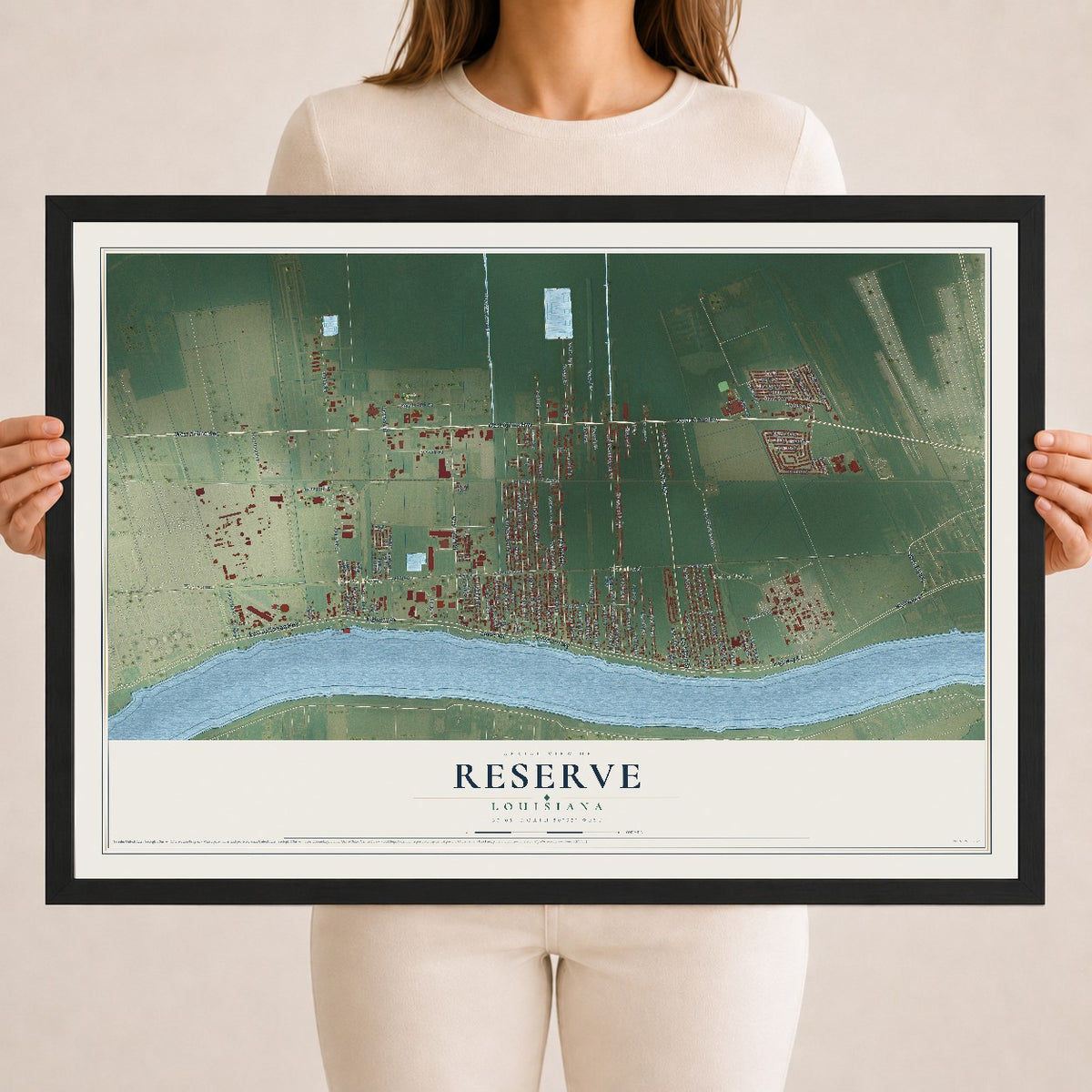 Map of Reserve, Louisiana, 18 x 24 inch print in a black wood frame