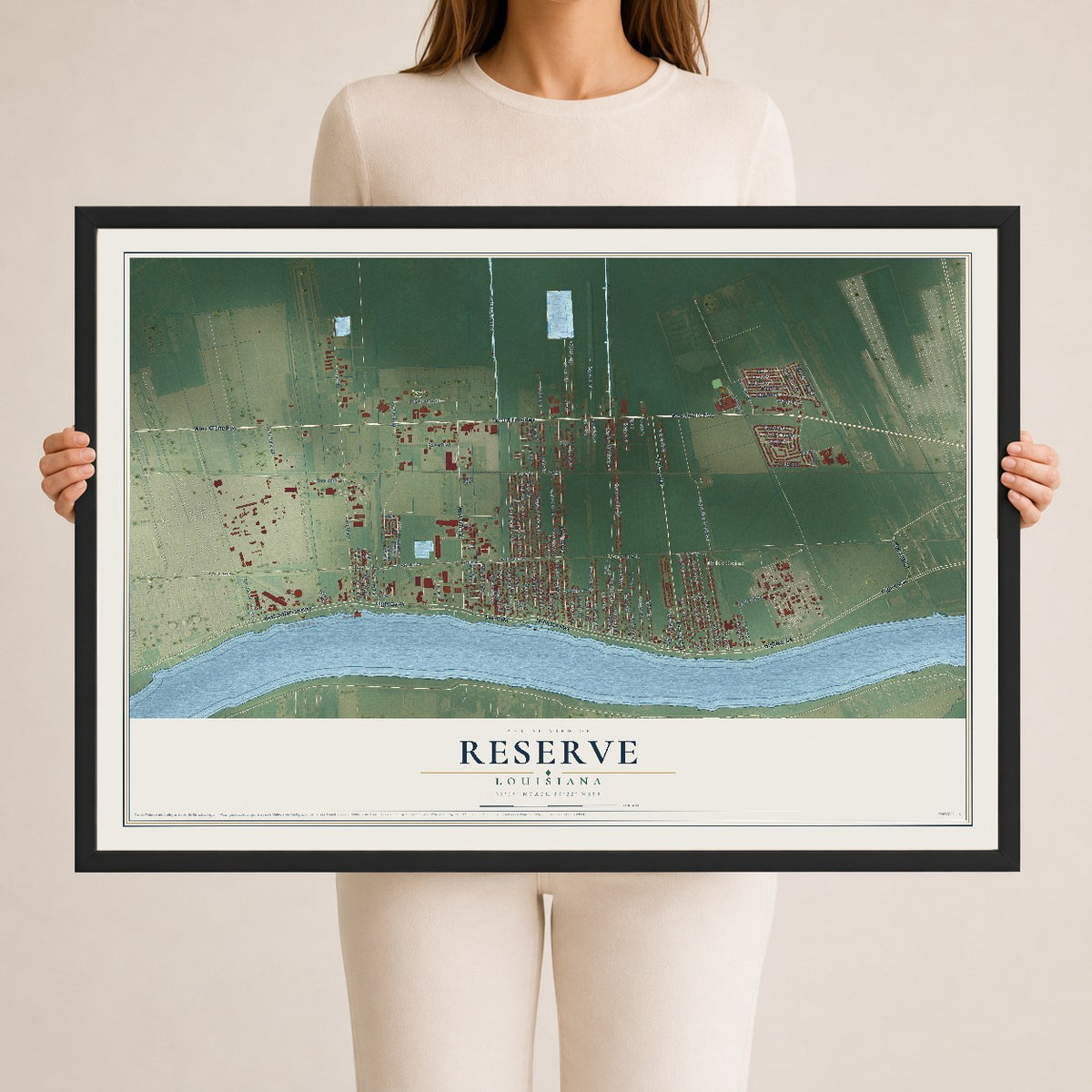 Map of Reserve, Louisiana, 24 x 36 inch print in a black wood frame