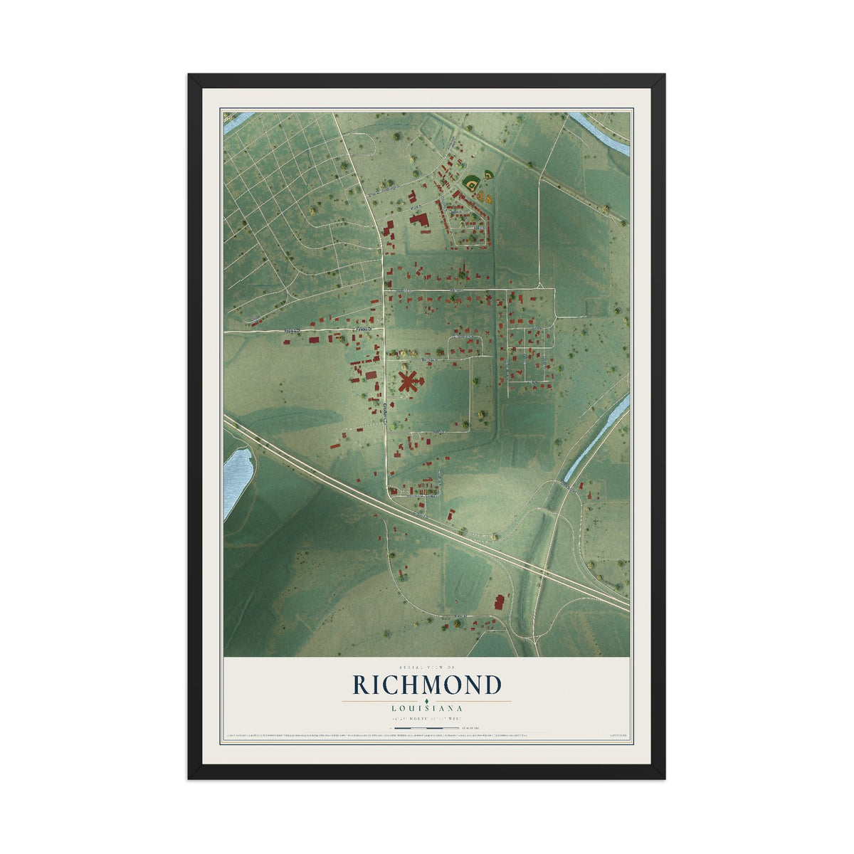 Map of Richmond, Louisiana, 12 x 18 inch print in a black wood frame
