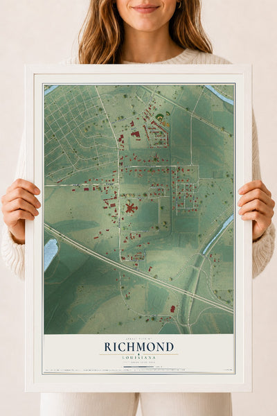 Map of Richmond, Louisiana, 18 x 24 inch print in a white wood frame