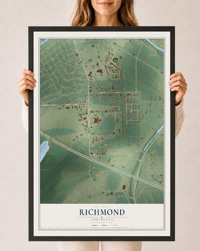Map of Richmond, Louisiana, 24 x 36 inch print in a black wood frame