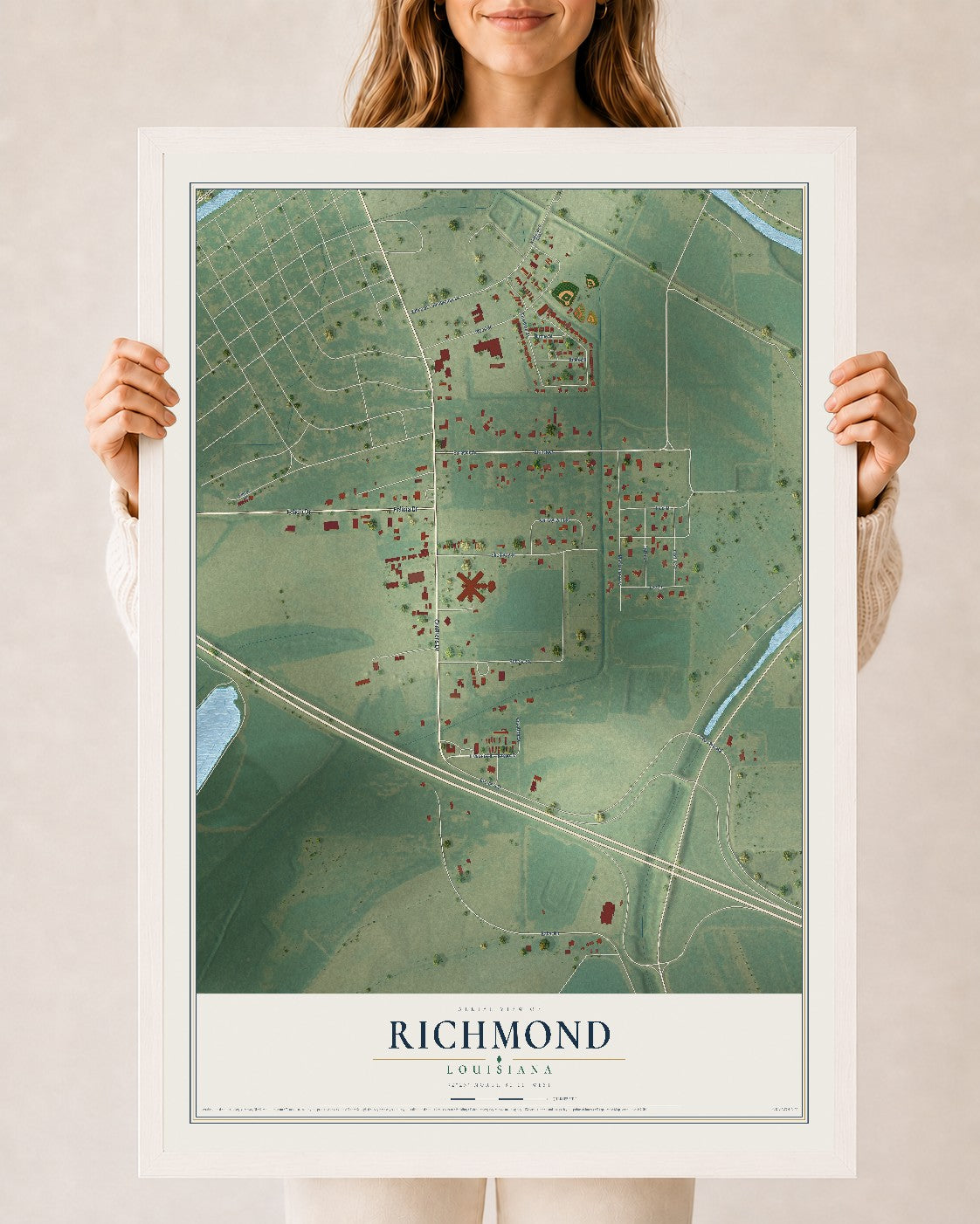 Map of Richmond, Louisiana, 24 x 36 inch print in a white wood frame