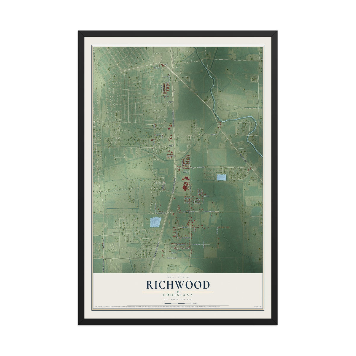 Map of Richwood, Louisiana, 12 x 18 inch print in a black wood frame