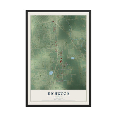 Map of Richwood, Louisiana, 12 x 18 inch print in a black wood frame