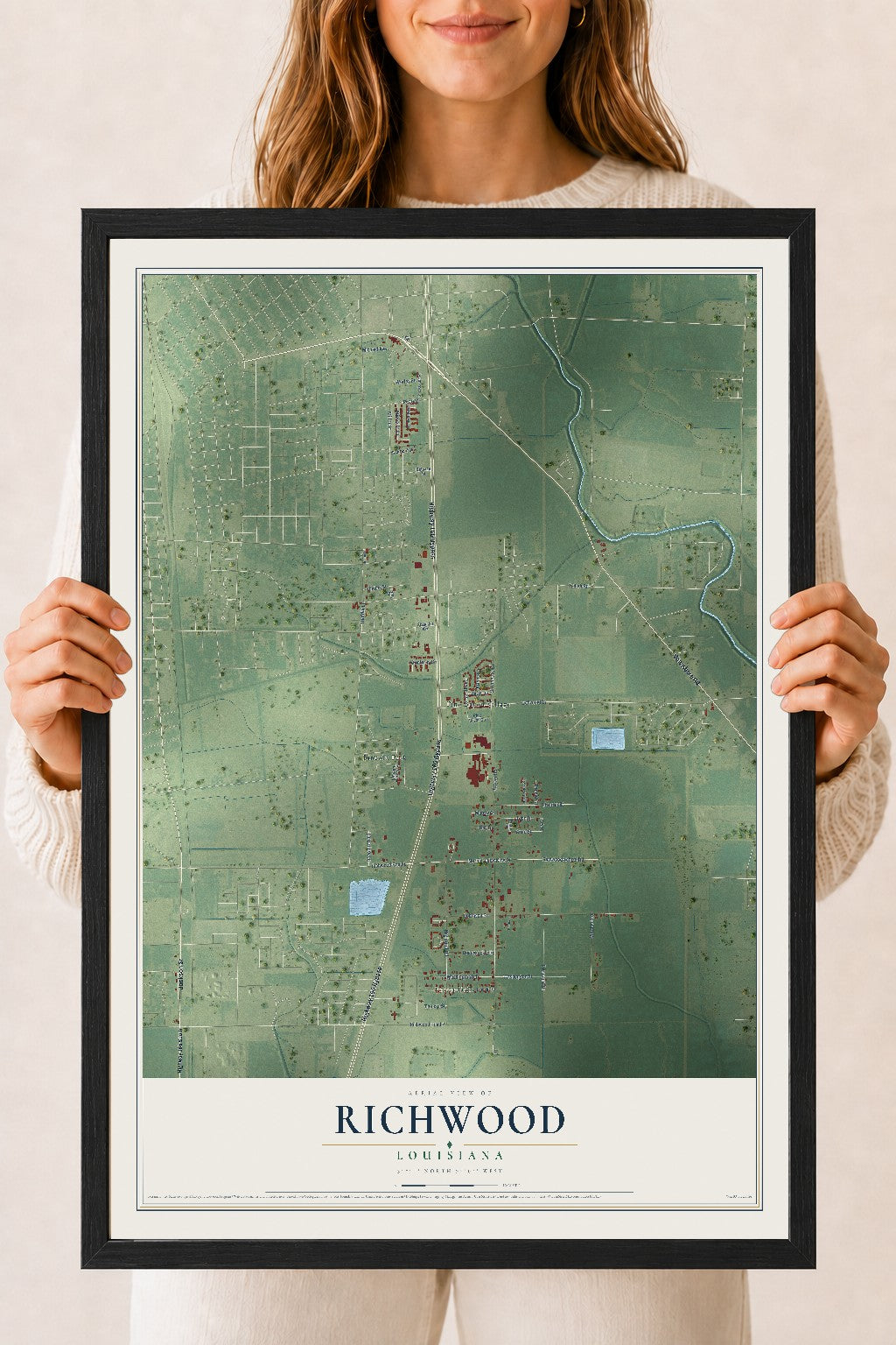 Map of Richwood, Louisiana, 18 x 24 inch print in a black wood frame