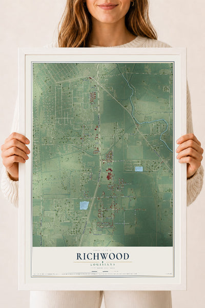 Map of Richwood, Louisiana, 18 x 24 inch print in a white wood frame