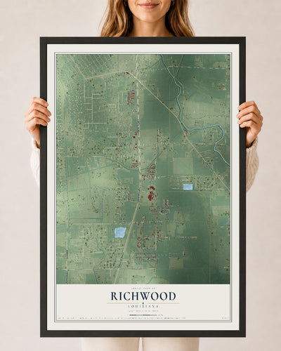 Map of Richwood, Louisiana, 24 x 36 inch print in a black wood frame