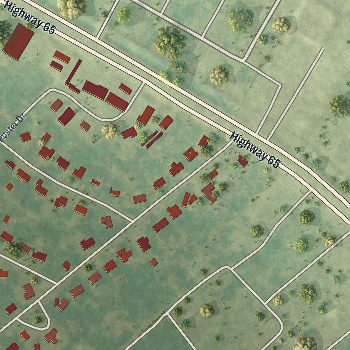 Close-up of the map of Ridgecrest, Louisiana print showing street and building detail
