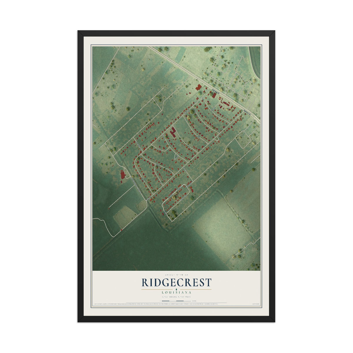 Map of Ridgecrest, Louisiana, 12 x 18 inch print in a black wood frame