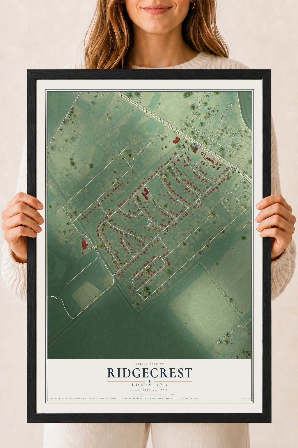 Map of Ridgecrest, Louisiana, 18 x 24 inch print in a black wood frame