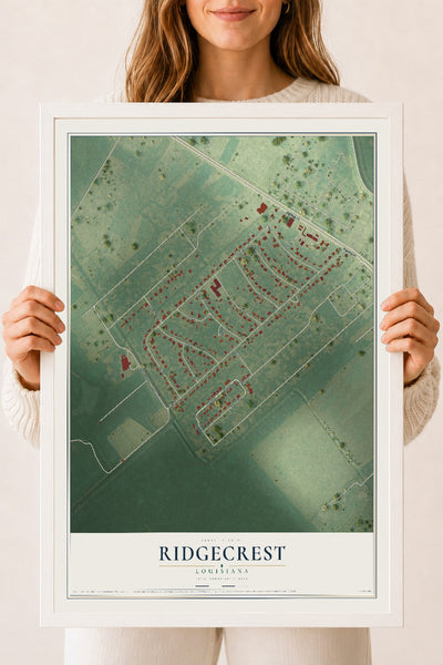 Map of Ridgecrest, Louisiana, 18 x 24 inch print in a white wood frame