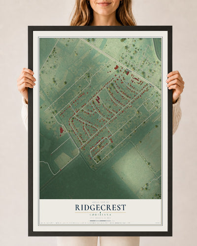 Map of Ridgecrest, Louisiana, 24 x 36 inch print in a black wood frame