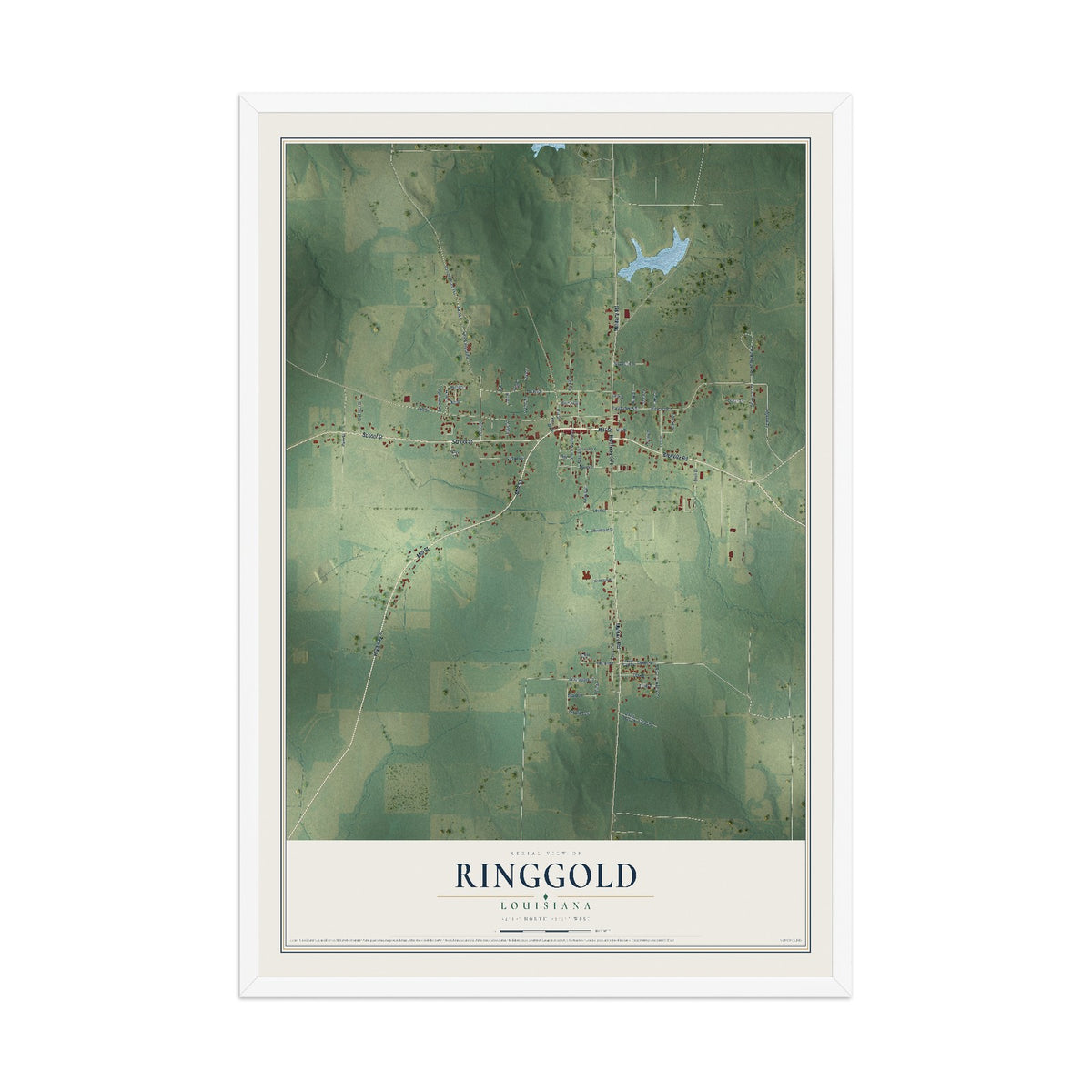 Map of Ringgold, Louisiana, 12 x 18 inch print in a white wood frame