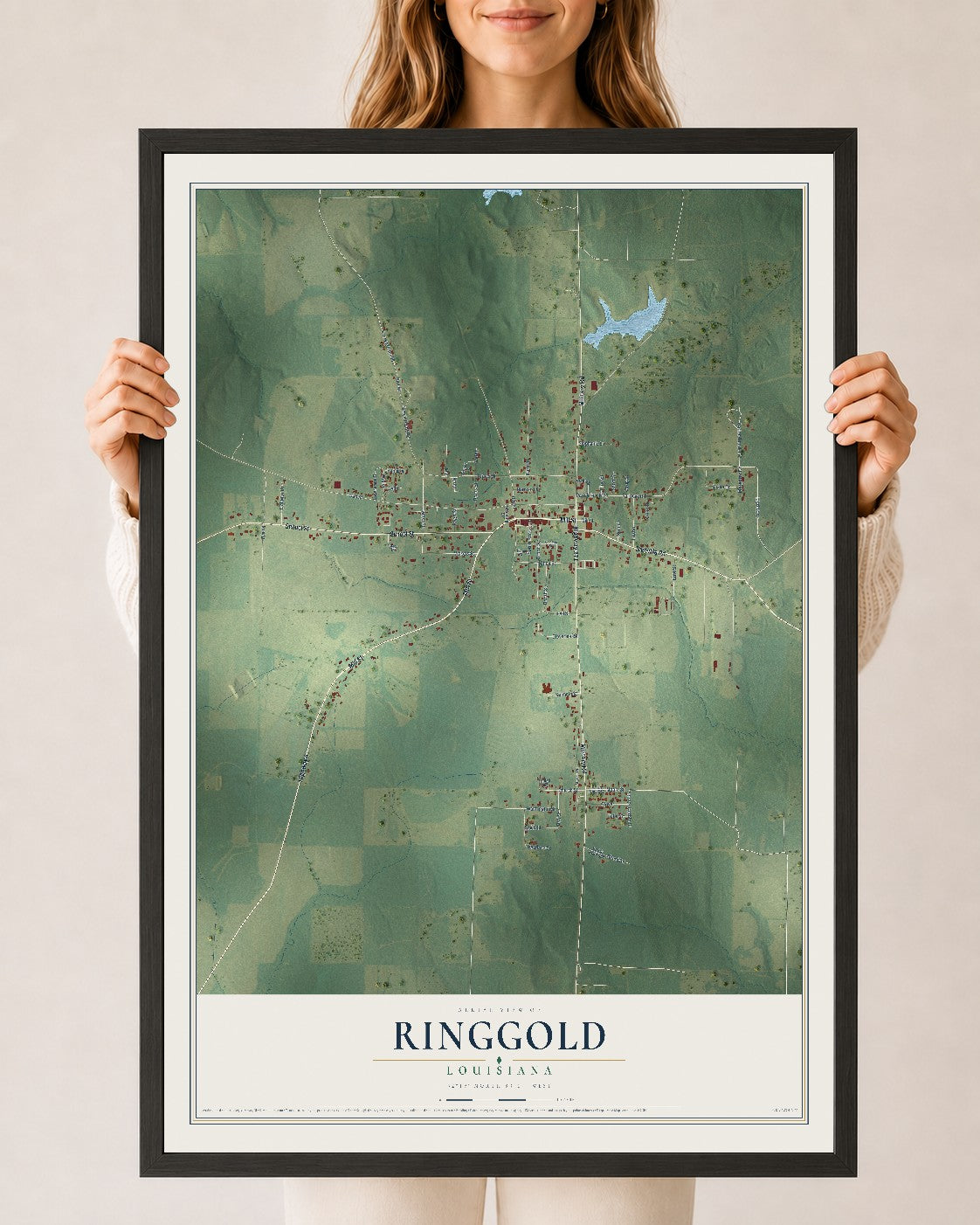 Map of Ringgold, Louisiana, 24 x 36 inch print in a black wood frame