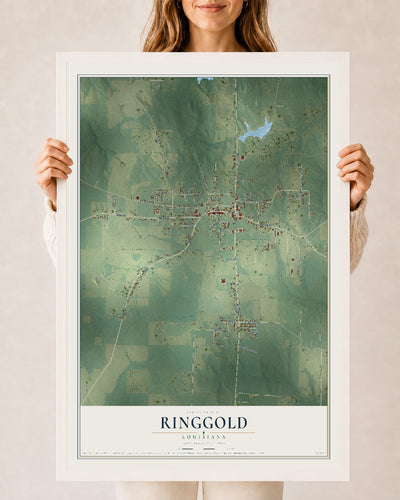 Map of Ringgold, Louisiana, 24 x 36 inch print in a white wood frame