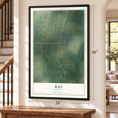 Rio, Louisiana map, 24 x 36 inch print in a black frame by a staircase