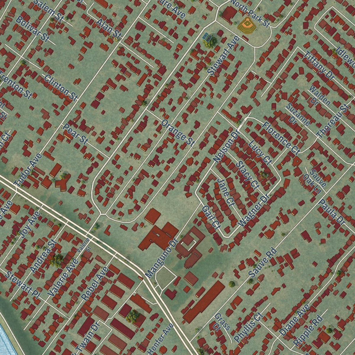Second close-up of the map of River Ridge, Louisiana print showing more streets and buildings