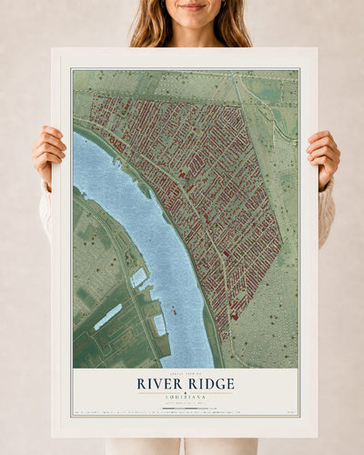 Map of River Ridge, Louisiana, 24 x 36 inch print in a white wood frame